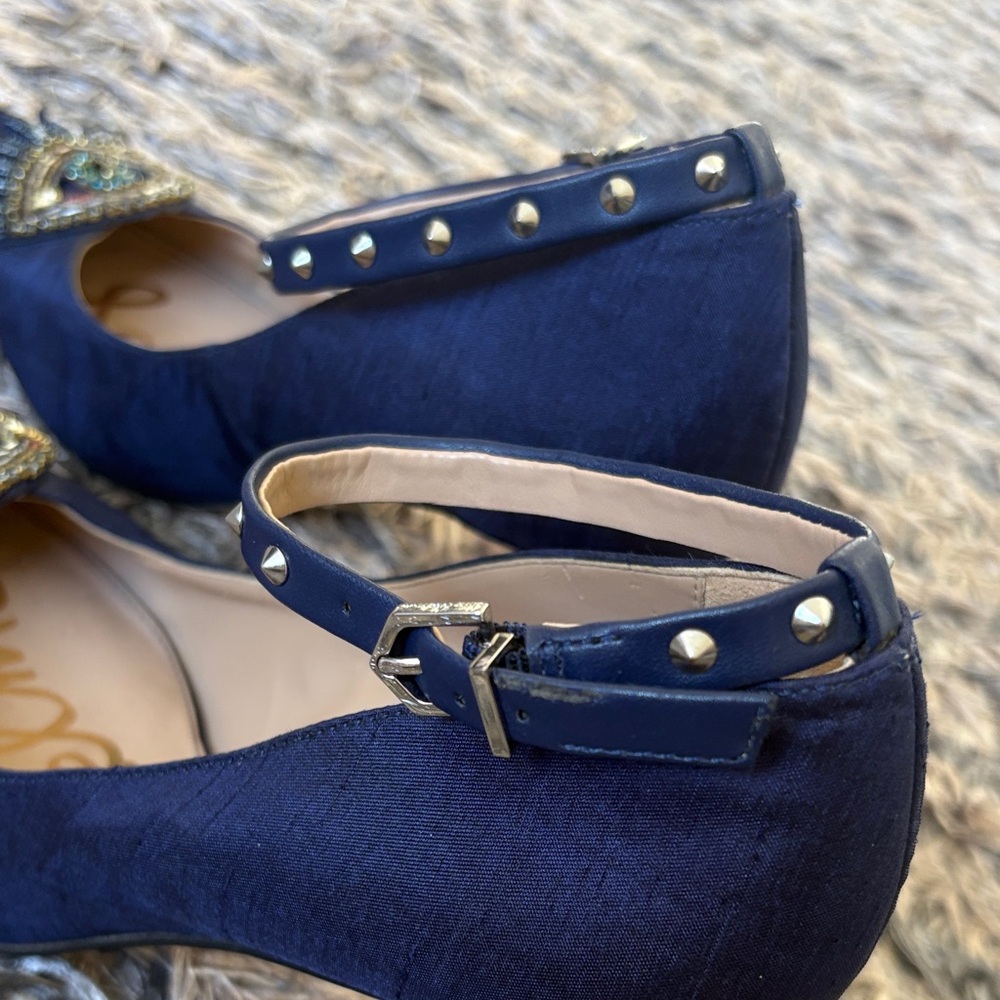 Sam Edelman Navy Beaded Pointed Toe Ankle Strap Heels Size 6 Limited Edition - Picture 5 of 16